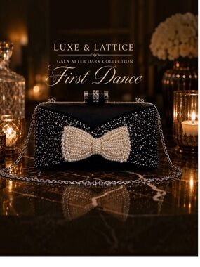 LUXE & LATTICE First Dance- Black Satin-Pearl Bow Evening Clutch Chain